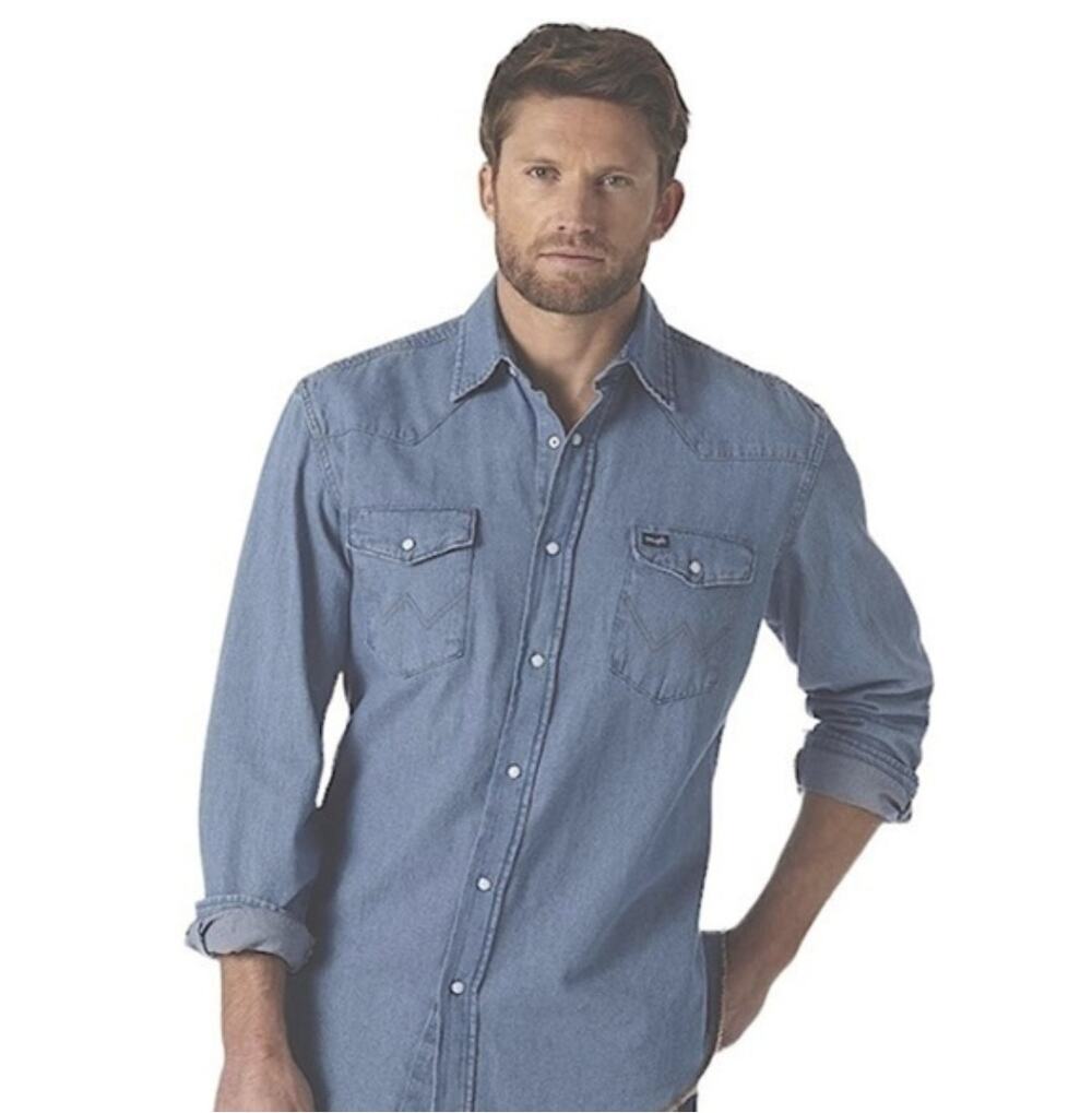 Wrangler Vintage Western Chambray Work Shirt Pearl Snap Buttons Size XL Classic